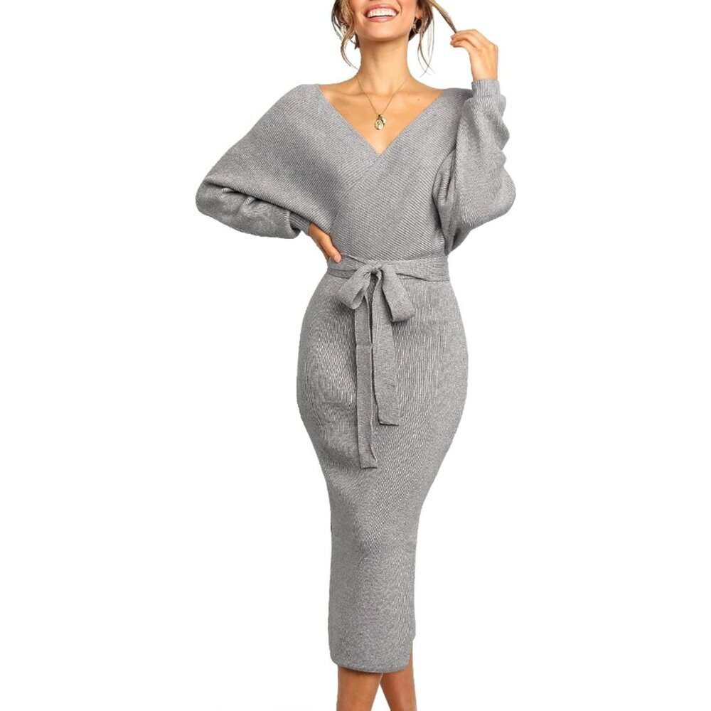 Women Grey Wrap Maxi Sweater Dress V Neck Batwing Slit Open Back Bodycon Belt